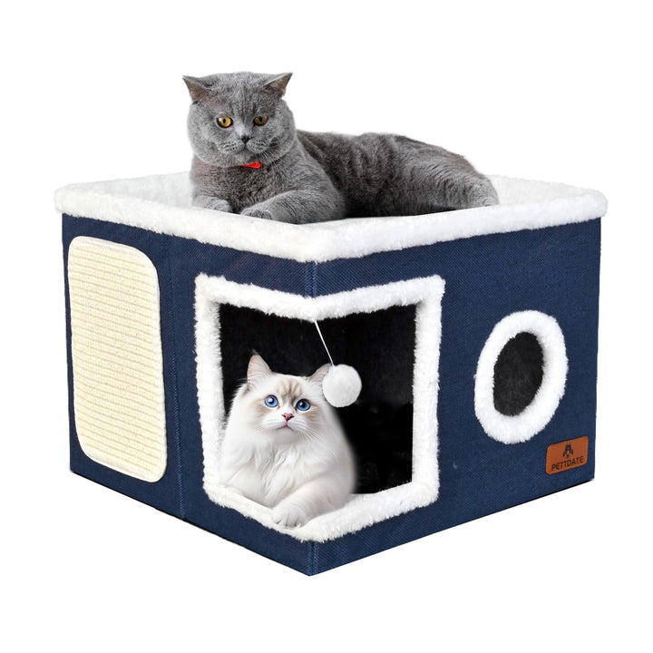 Katzenbetten für Indoor-Katzen, überdachtes Katzenhöhlenbett mit Kratzunterlage und flauschigem Ball