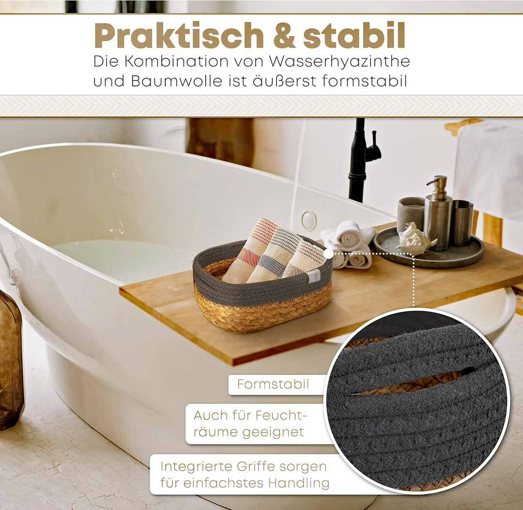 Aufbewahrungskörbe 3er Set aus Wasserhyazinthe und Baumwolle, Bad Aufbewahrungskorb geflochten als B