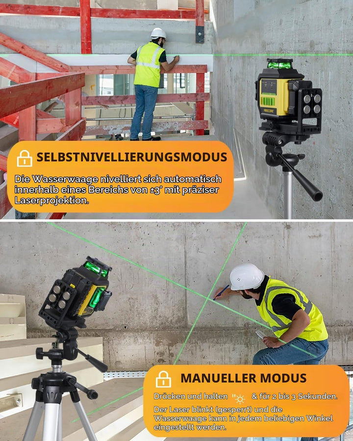 Kreuzlinienlaser mit Stativ, Firecore Laser-Wasserwaage Selbstnivellierend Linienlaser Grün, 3×360°