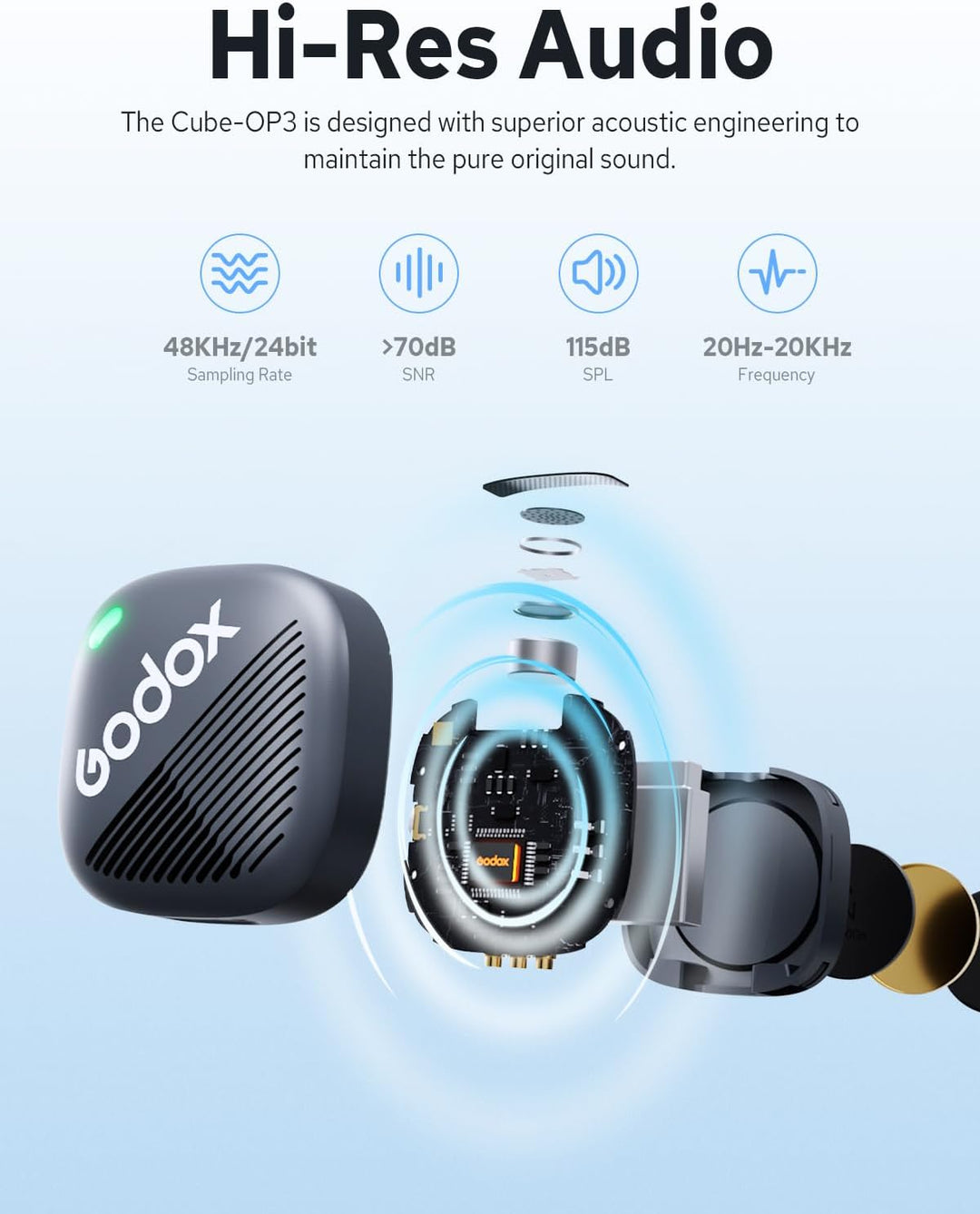 Godox Cube-OP3 Funk- Mikrofone, 48kHz/24bit Hi-Res Audio, Dual-Mode Rauschunterdrückung, 2.4G Wirele
