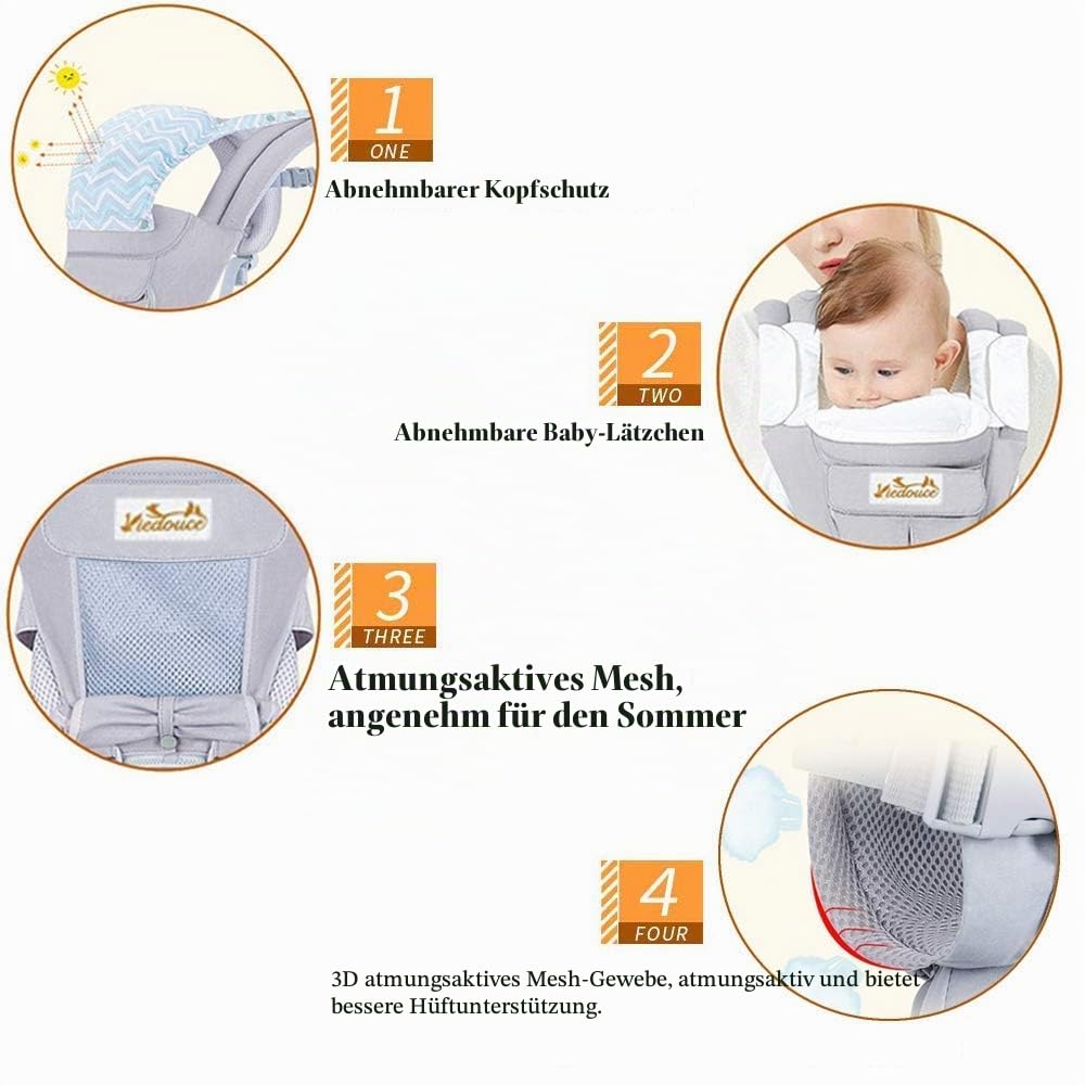 Viedouce Babytrage Ergonomische mit Hüftsitz/Reine Baumwolle Leicht und atmungsaktiv/Multiposition:D