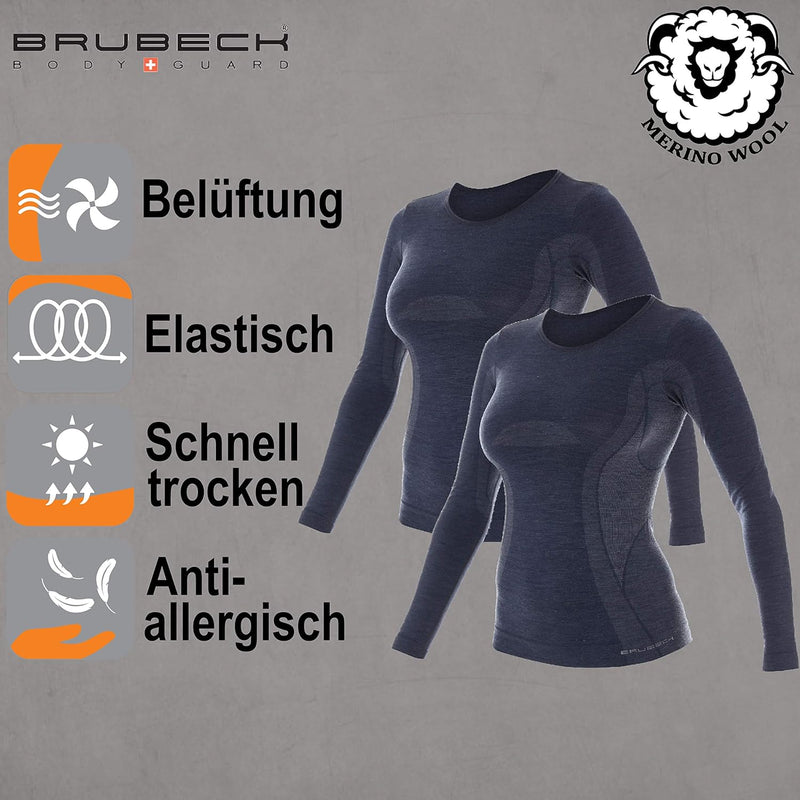 BRUBECK Damen Funktionsshirt Langarm | 41% Merino-Wolle | Atmungsaktiv | Funktionsunterwäsche | Atmu