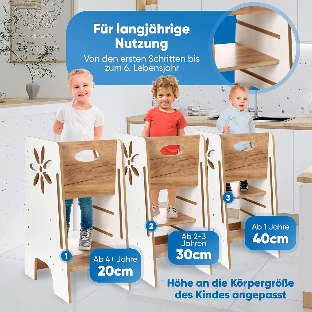 Kitchen Kids Helper Lernturm ab 1 Jahr - Höhenverstellbarer Lernturm Montessori Weiss und Eich 80cm