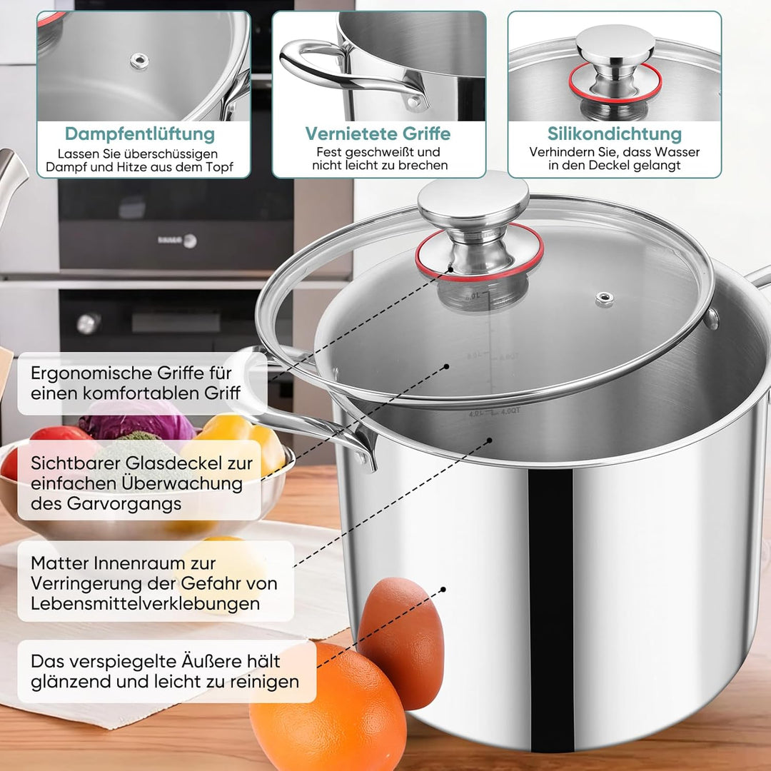 Kochtopf Gross 9,4 L, Onader 3-Lagen Edeastahl Topf Induktion, Kochtöpfe Nudeltopf Suppentopf mit Gl