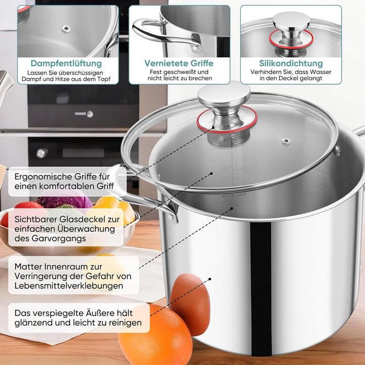 Kochtopf Gross 9,4 L, Onader 3-Lagen Edeastahl Topf Induktion, Kochtöpfe Nudeltopf Suppentopf mit Gl