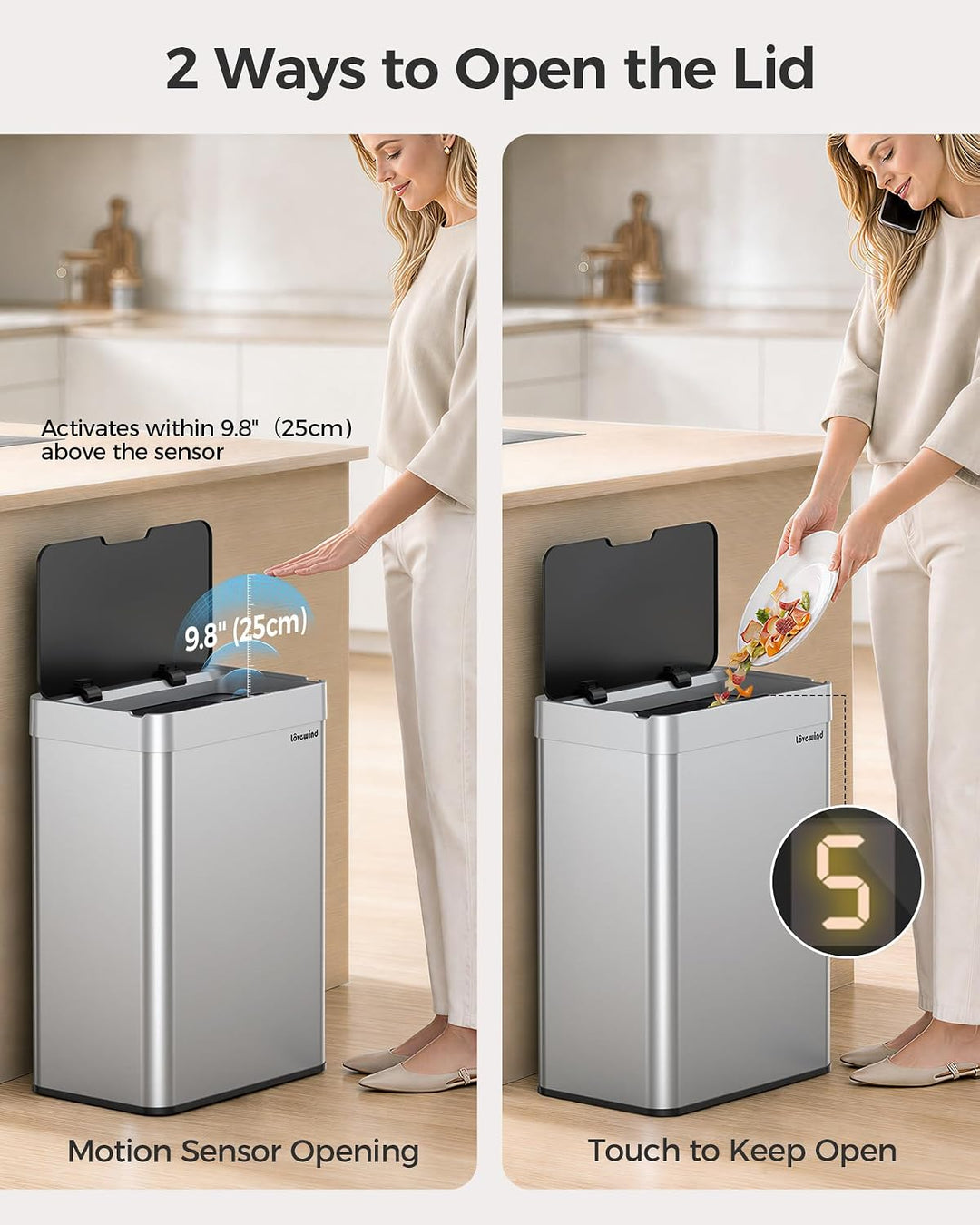 lovewind 55L Berührungsloser Küchenmülleimer, Edelstahl Sensor Mülleimer, Type-C Aufladbar, Leiser S