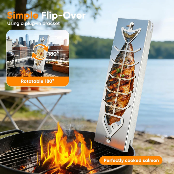 Flammlachsbrett Edelstahl 2er Set für Feuerschale & Kugelgrill – 56cm Langes Flammlachsbretter mit 1