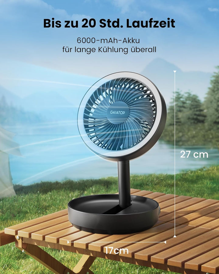 Gaiatop Faltbare Tischventilator Tragbarer Ventilator, 6000mAh Akku Ventilator mit Nachtlicht, 17CM