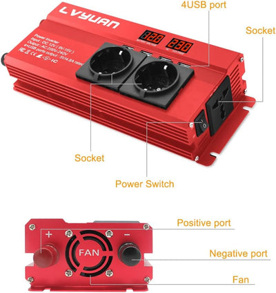 Spannungswandler 12V 230V 1000W/2000W Wechselrichter mit 2 Steckdose und 4 USB LED Spannungsanzeige