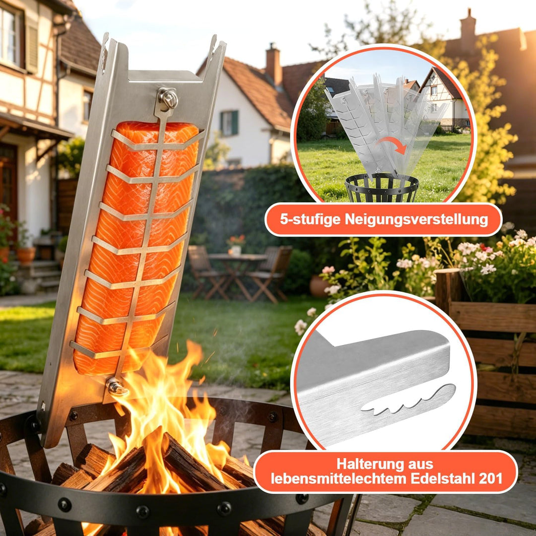 Flammlachsbrett aus Edelstahl,59,5 cm,für Grill &amp; Feuerschale | 180° drehbarer Fischhalter mit 5-fac