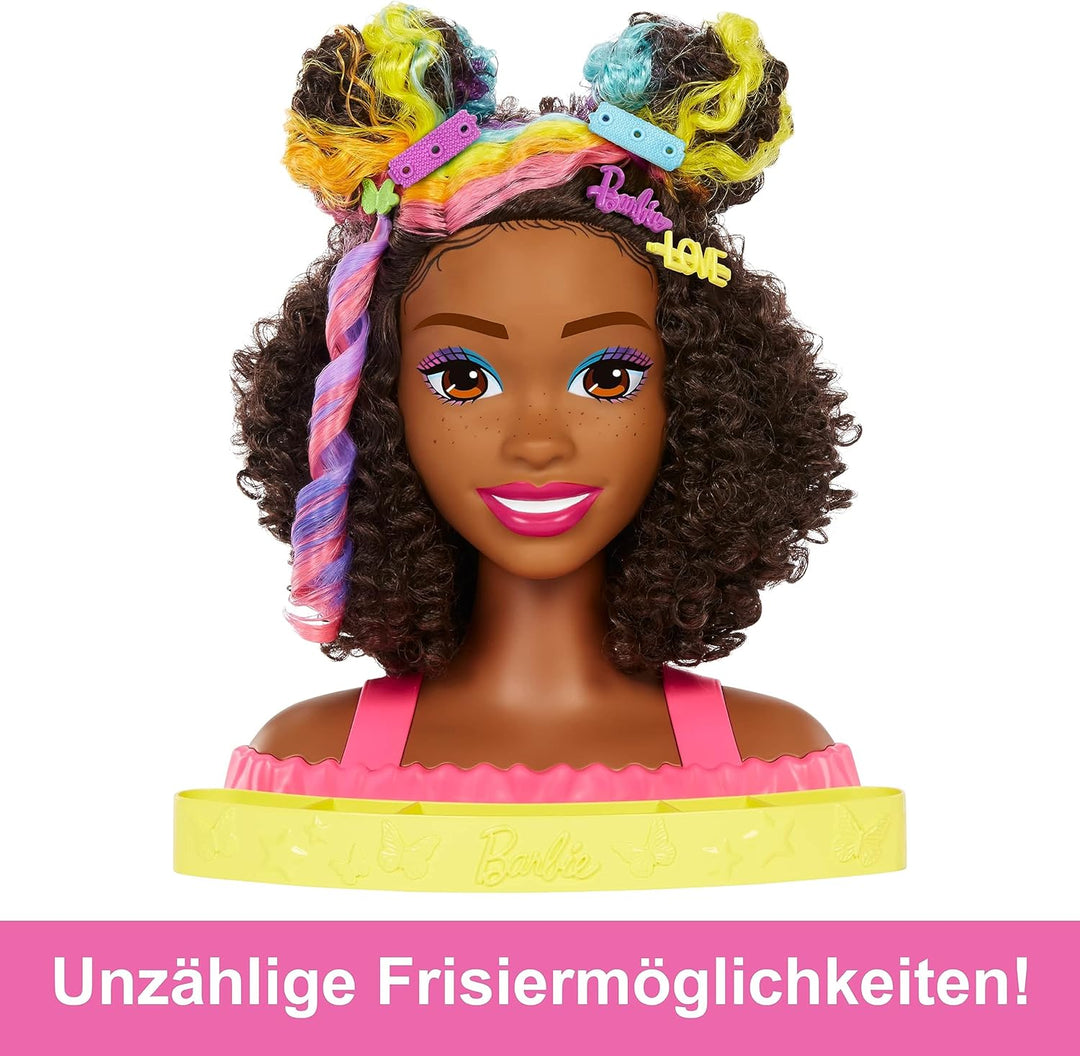 Barbie HMD79 - Barbie-Puppe Deluxe Styling-Kopf, Barbie Totally Hair, lockige braune Neon-Regenbogen