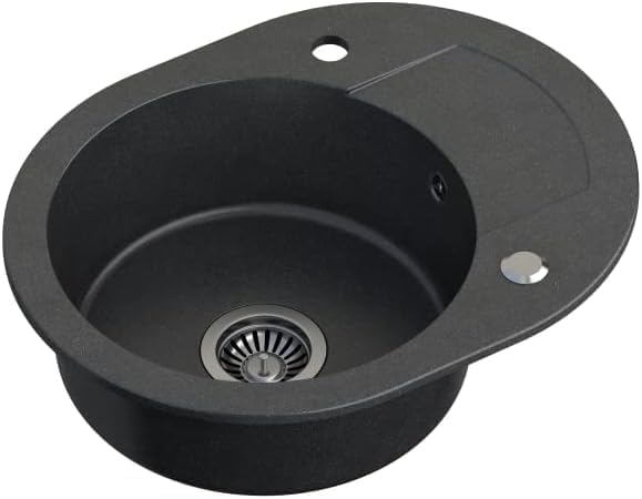 VBChome Spüle Spülbecken Granit 59x46 cm Einzelbecken Einbauspüle Küchenspüle gesprenkelt + Siphon W