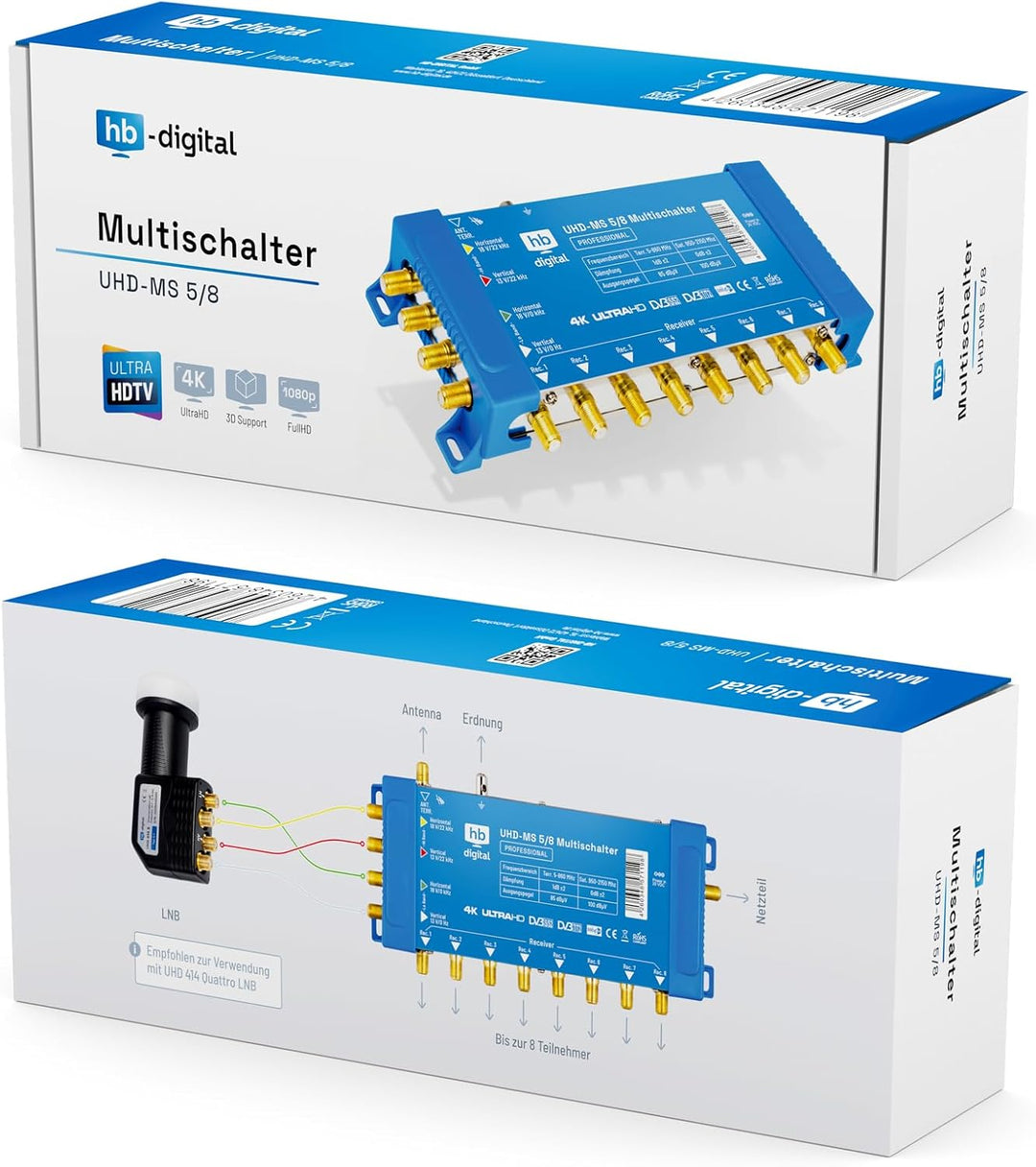 HB-DIGITAL Multischalter pmse 5/8 1x SAT bis 8 x Teilnehmer/Receiver für Full HDTV 3D 4K UHD mit Net