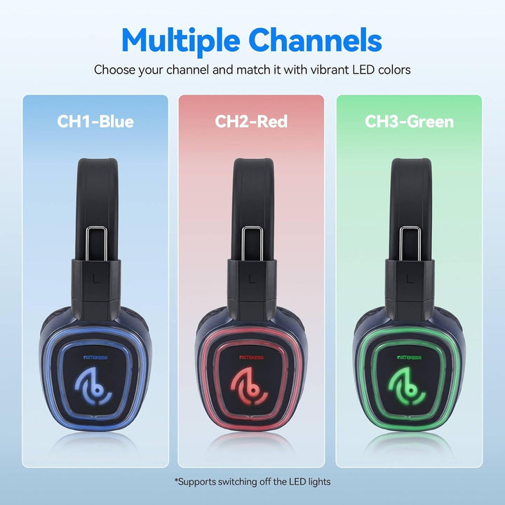 Retekess TA003S Silent Disco Kabelloser Kopfhörer, RF Wireless, 300 m Reichweite, 3 Kanäle mit LED-F