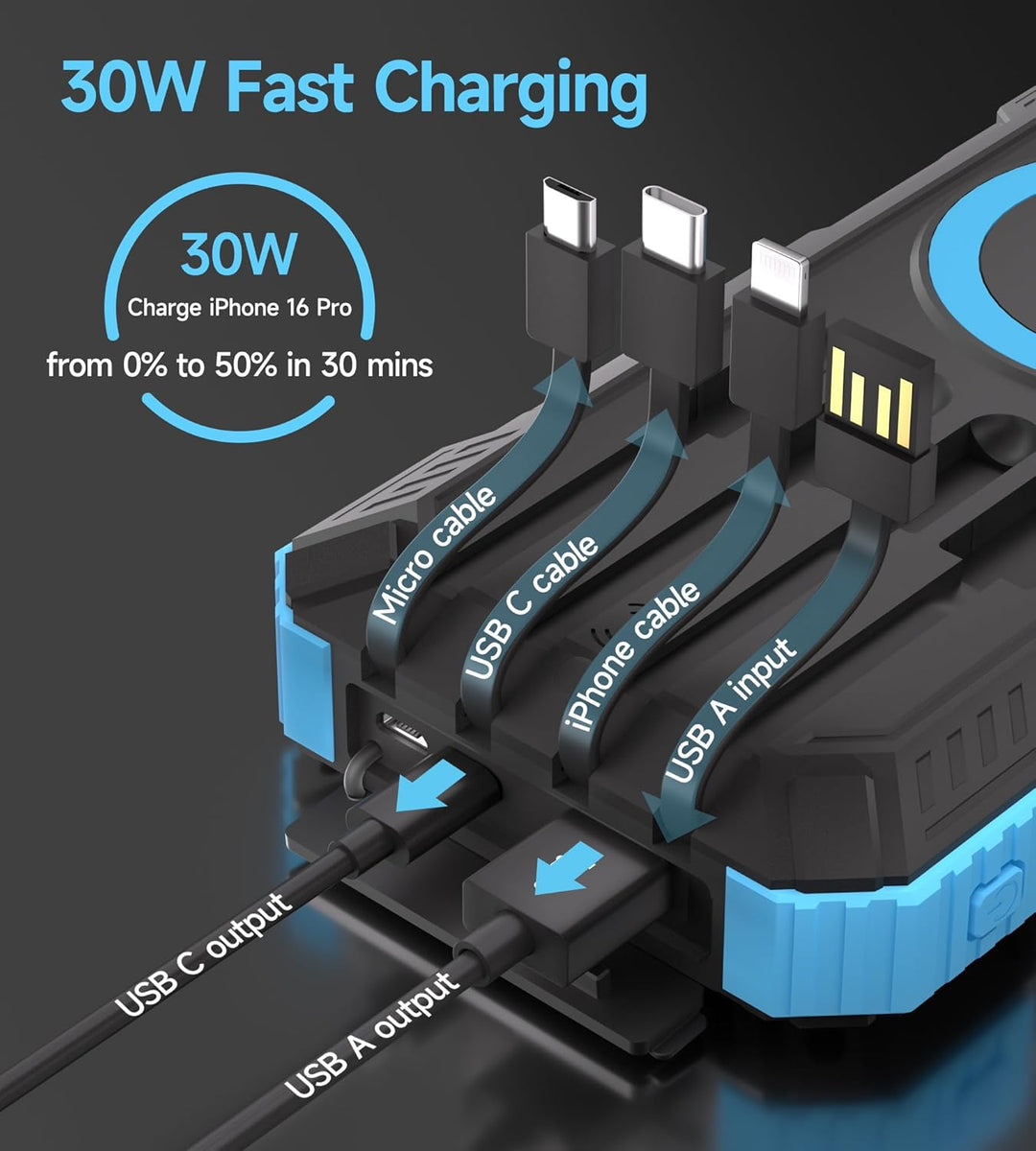 56800mAh Solar Powerbank, Wireless Power Bank gross mit 4 Kabeln, 30W PD Schnellladefunktion, 6 Ausg