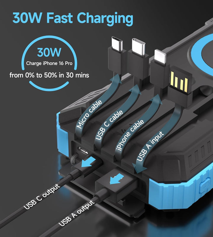 56800mAh Solar Powerbank, Wireless Power Bank gross mit 4 Kabeln, 30W PD Schnellladefunktion, 6 Ausg