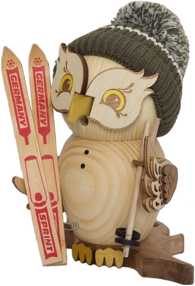 Räuchermann Eule Skifahrer von DREGENO SEIFFEN 19 cm – Original erzgebirgische Handarbeit, stimmungs