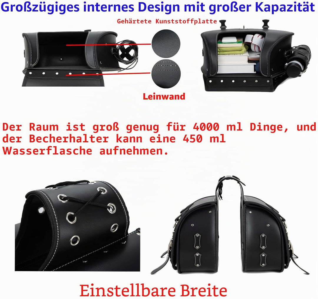 Hochdichtes Leder-Motorrad-Saddebags,Überwurftaschen, Gepäckträger, Seitentaschen mit Getränkehalter