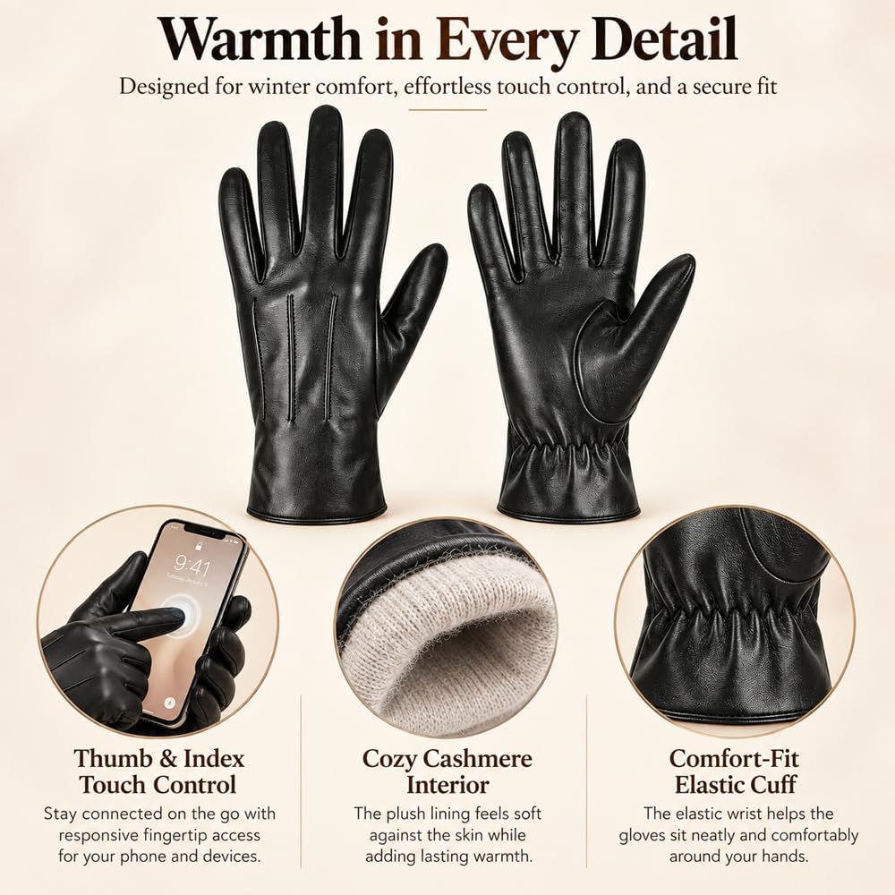 Harssidanzar Damen Lederhandschuhe Winter Warmes Kaschmirfutter Touchscreen Vintage Finished GL017EU