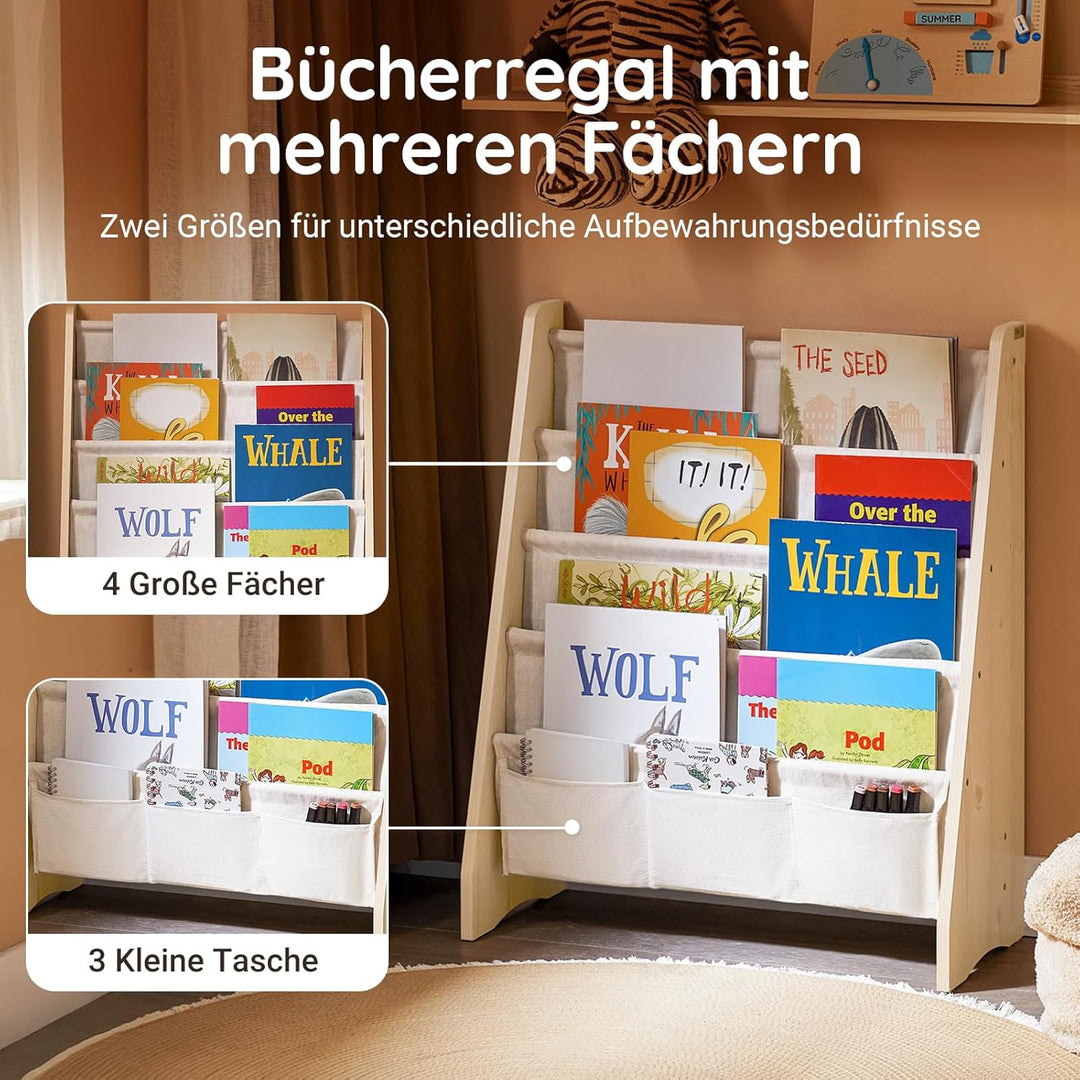 SoBuy Montessori Bücherregal Kinder Regal Kinderzimmer mit 4 Stofffächern Aufbewahrung Spielzeug & B