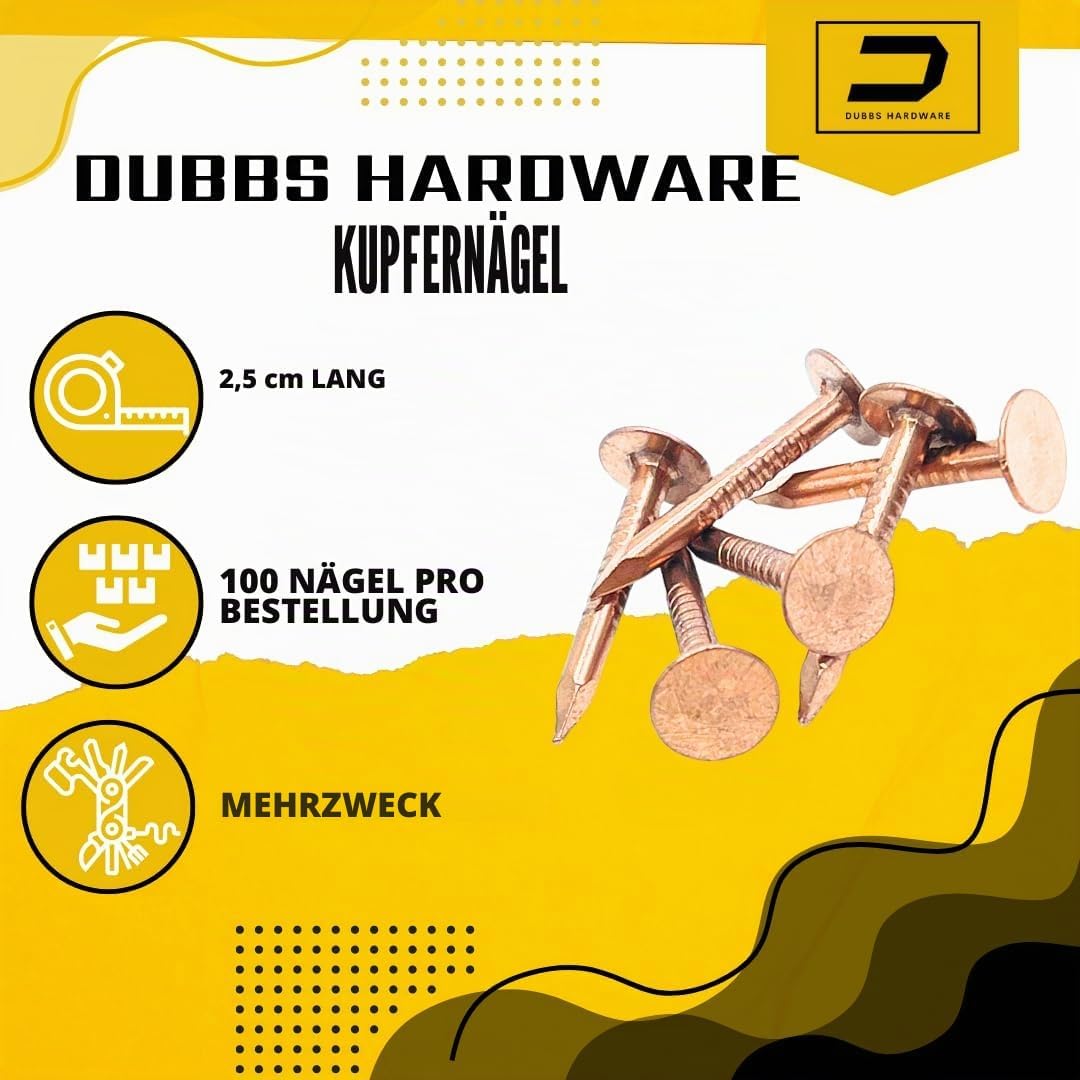 Dubbs Hardware - 2,5 cm Kupfernägel für Dachdecker, 100 Nägel, massives reines Kupfer, Schiefer, bli