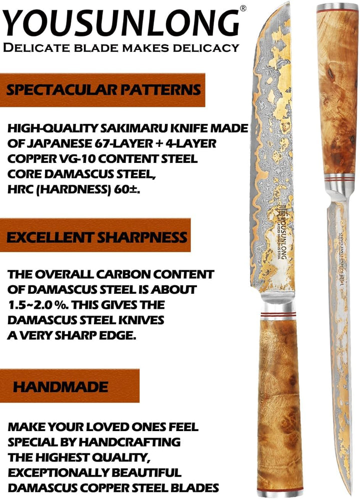YOUSUNLONG Sakimaru Messer 200mm - Japanisches Sushi Messer - Handgefertigtes Kupfer Damaszener Stah