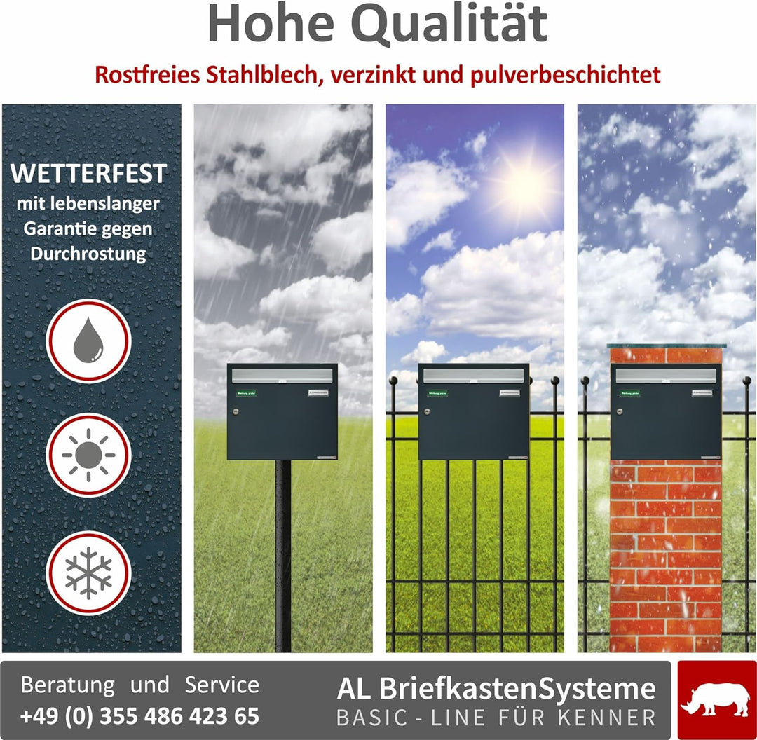 AL Briefkastensysteme Basic 4er Briefkasten RAL 7016 Anthrazit Grau/Einwurfklappe RAL 9006 Weiss Alu