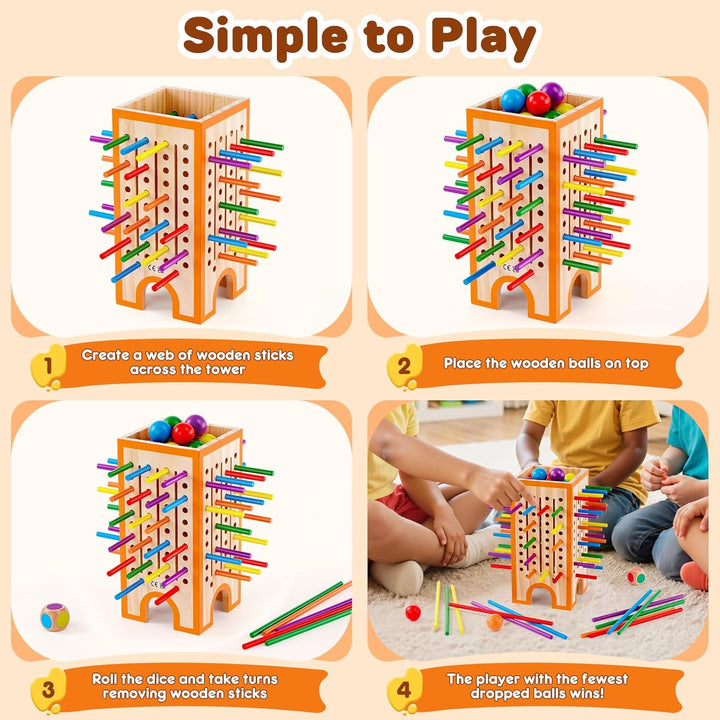 Montessori Spiel Brettspiel aus Holz, 42 Bunte Holzstäbchen &amp; 12 Bälle Kinderspiele ab 3 4 5 6 Jahre