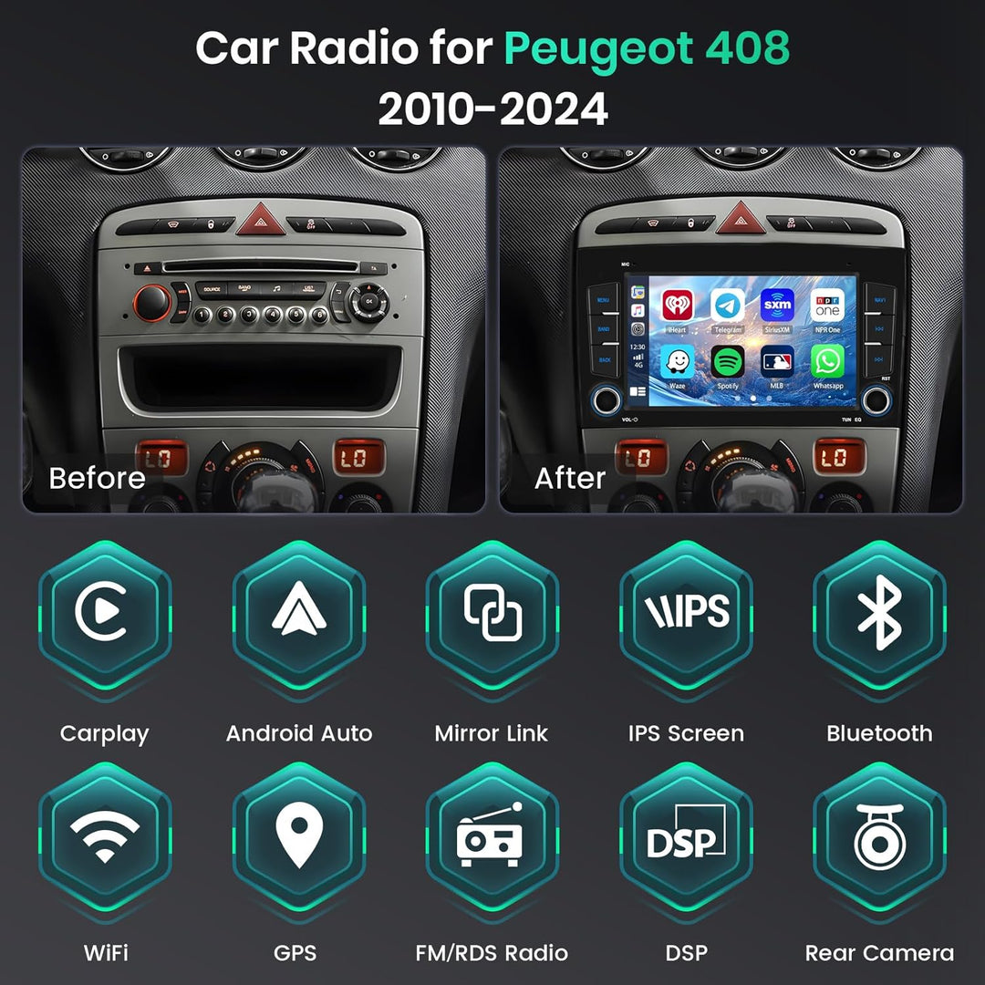 Hikity 8 Core/4G+64G/DSP Android 15 Autoradio für Peugeot 408 2010-2024 mit Wireless CarPlay Android
