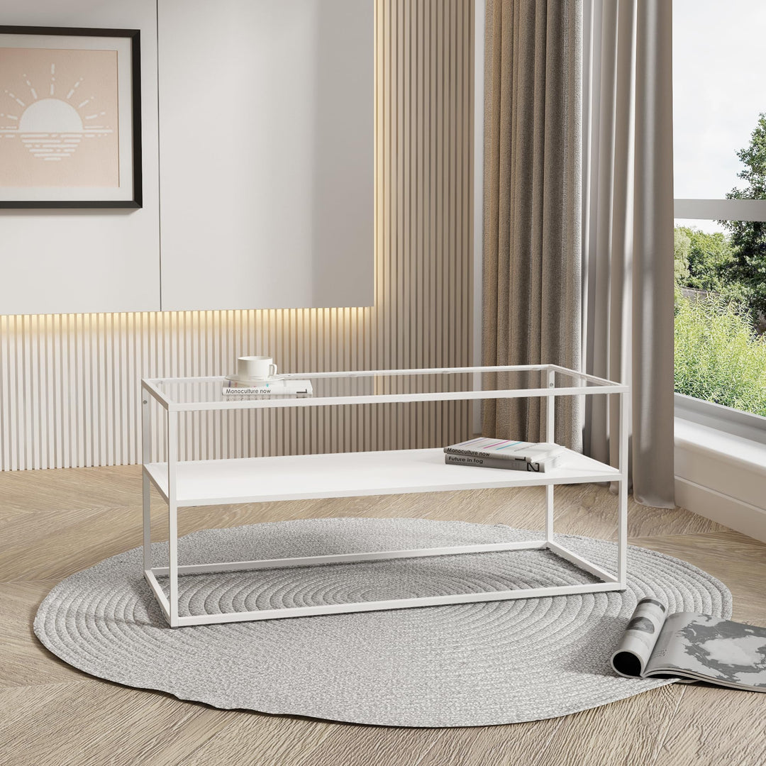 [en.casa] Couchtisch Solund Beistelltisch mit Glasplatte Metall Weiss matt Wohnzimmertisch mit Staur
