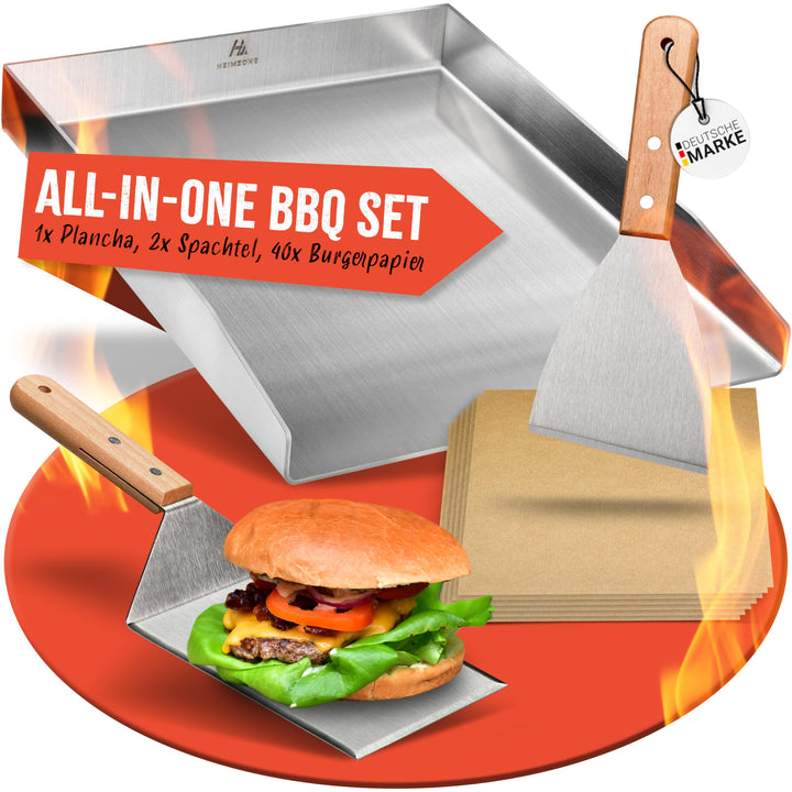 HEIMZONE® Plancha Grillplatte 40x30cm [NEUE VARIANTE 2026] - Edelstahl-Platte mit auslaufsicheren Ec