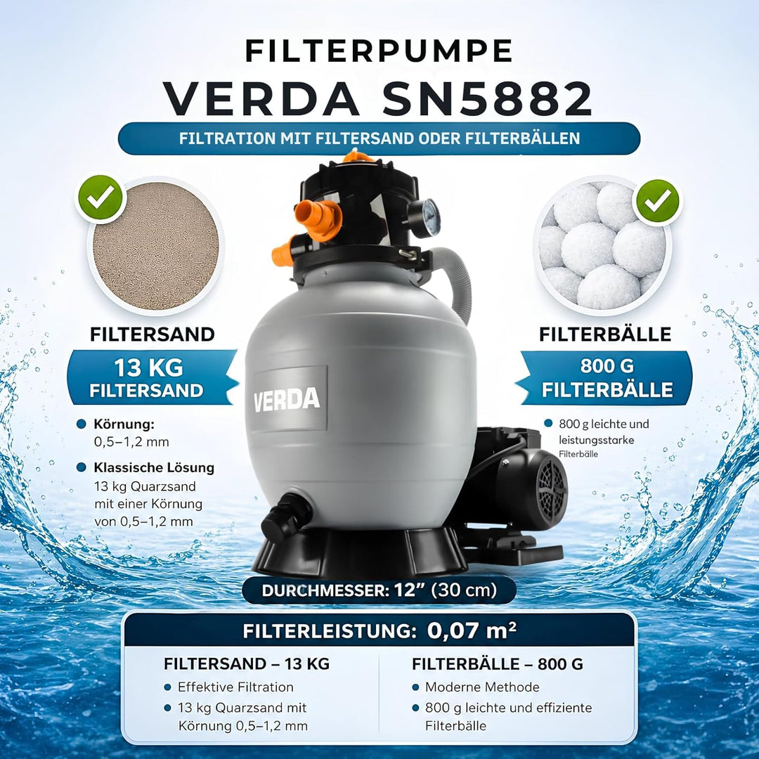 Verda Sandfilteranlage Pumpe 10000 l/h 800g inkl. Filterbällen 10m Förderhöhe 400W Pool Filterpumpe