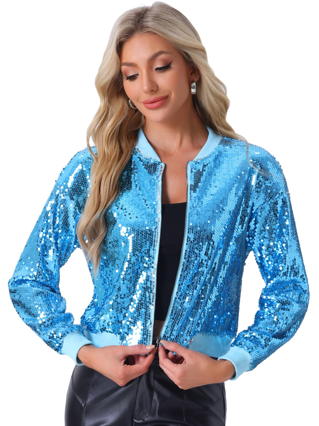 Allegra K Damen Glitzer Jacke Bomberjacke Pailletten Bomber Jacke Langarm Party Club Metallic Sequin