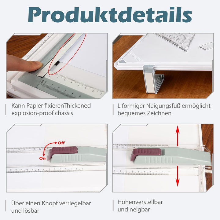 A3 Zeichenbrett, Professionelle Zeichenplatte DIN A3, Zeichentisch mit Schiebelineal Zeichendreieck