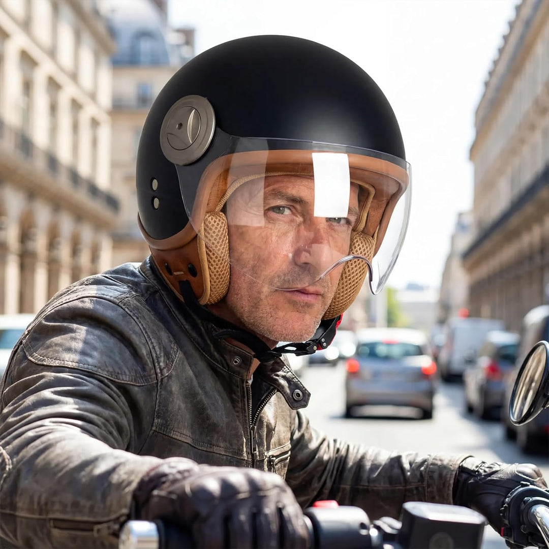 BOSERMEM Erwachsenen Harley Motorradhelm Scooter-Helm, Mode Halboffener Helm Mit Schutzbrille, Hat D