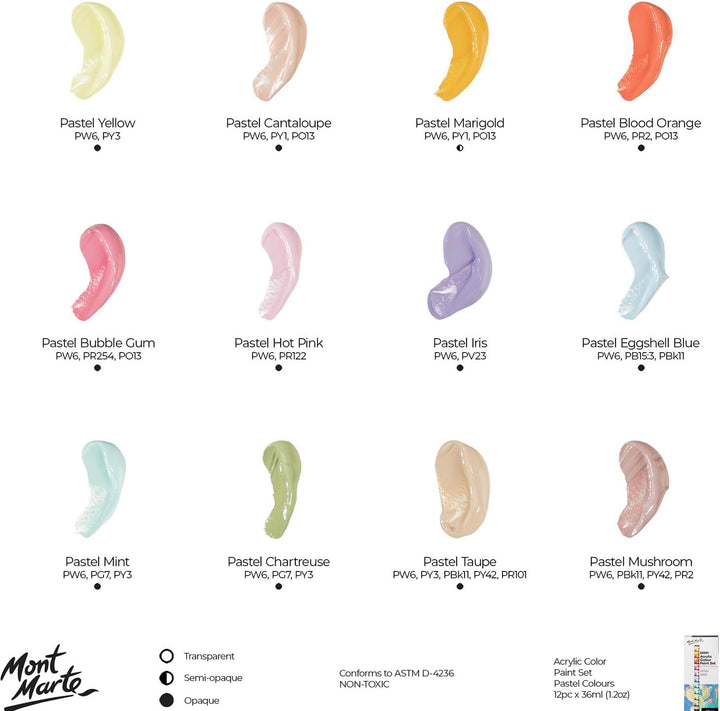 Mont Marte Acrylfarben Set Pastell – 12 x 36ml – Starke Deckkraft und Seidenmattes Finish – Pastellf