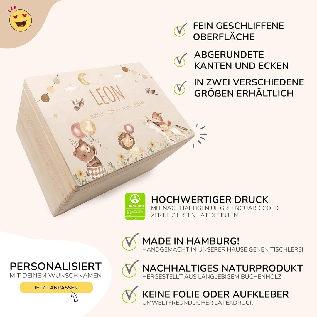 KIDSMOOD - Erinnerungsbox Baby, personalisierte Holzkiste mit Deckel, Ideal zur Aufbewahrung von Eri