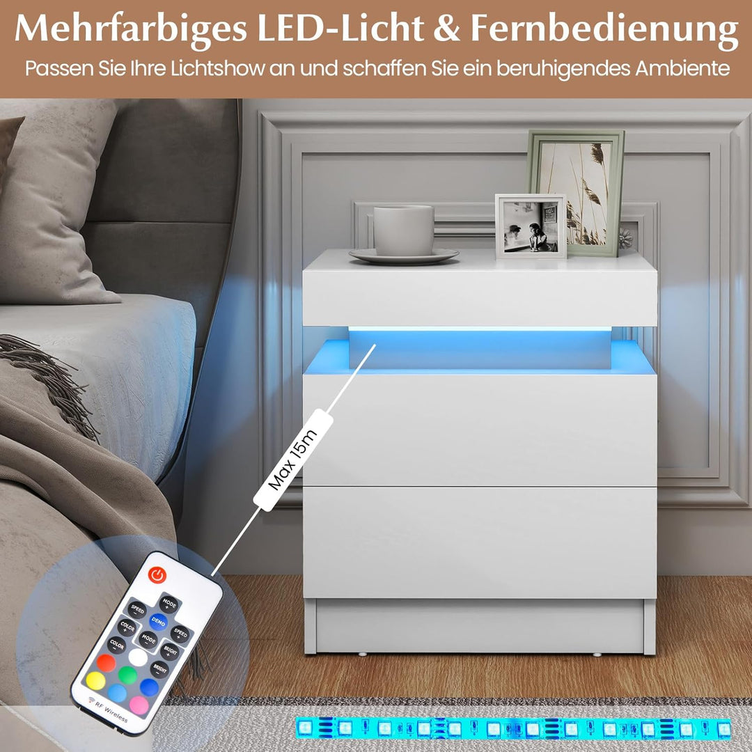 COSTWAY Nachttisch LED, Nachtschrank mit 2 Schubladen, Nachtkommode dynamisch & statisch beleuchtet,