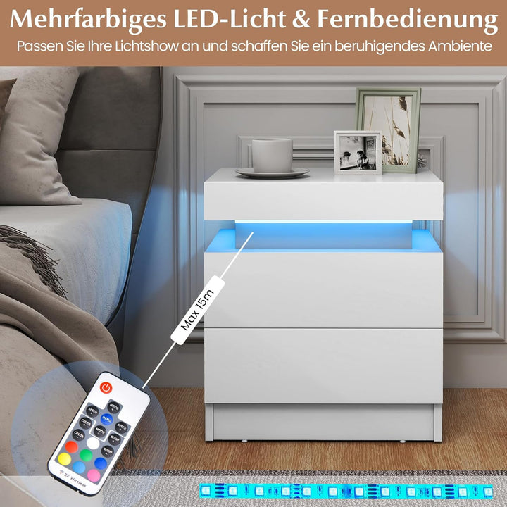 COSTWAY Nachttisch LED, Nachtschrank mit 2 Schubladen, Nachtkommode dynamisch & statisch beleuchtet,