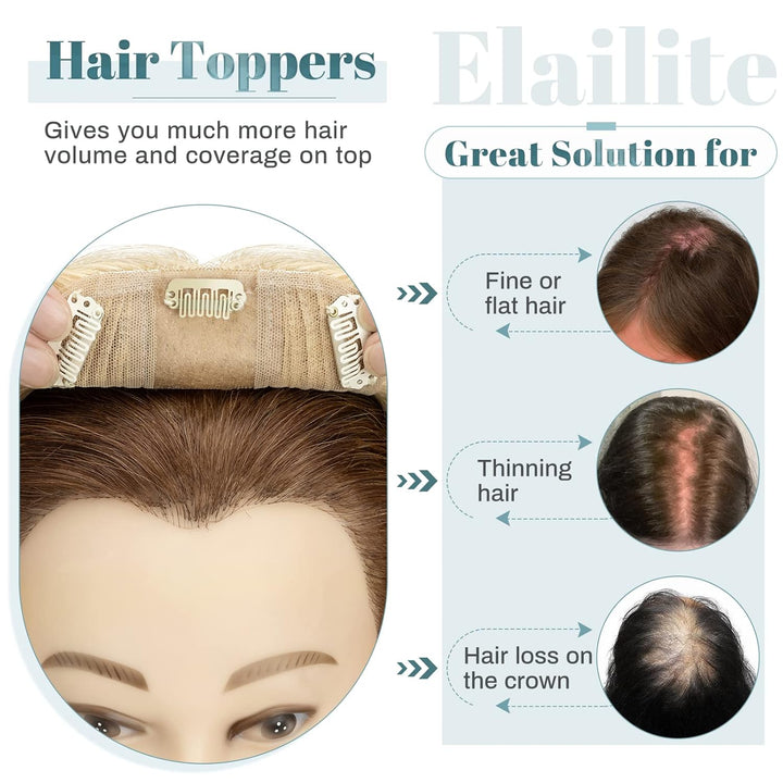 Elailite Clip in Toupet Frauen, Echthaar Topper, Seide Basis Clip in Extensions Haarteil 130% Dichte