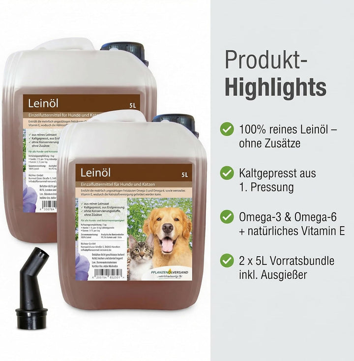 Leinöl für Hunde und Katzen, kaltgepresst 100% rein, ohne Zusätze, 2x5L + Ausgiesser