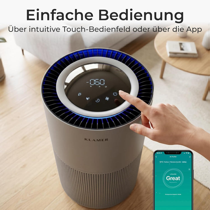 KLAMER Luftreiniger 600i mit HEPA Filter, CADR Spitzenleistung von 450 m³/h, für Räume bis 55m², ent