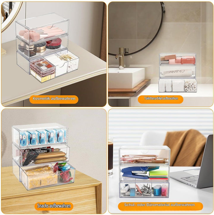 3 Stück Kosmetik-Organizer-Schubladen,Badezimmer Organizer Mini mit Schubladen.Stapelbare Transparen