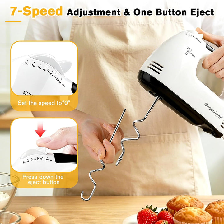 Handmixer Elektrisch 300W mit 7 Geschwindigkeiten, Ergonomischer Griff, Handrührgerät inkl. 2 Rührbe