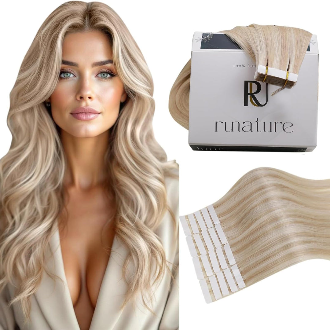 RUNATURE Blond Tape Echthaar Extensions 45cm Aschblond mit Platinblond Tape in Haarverlangerung Remy
