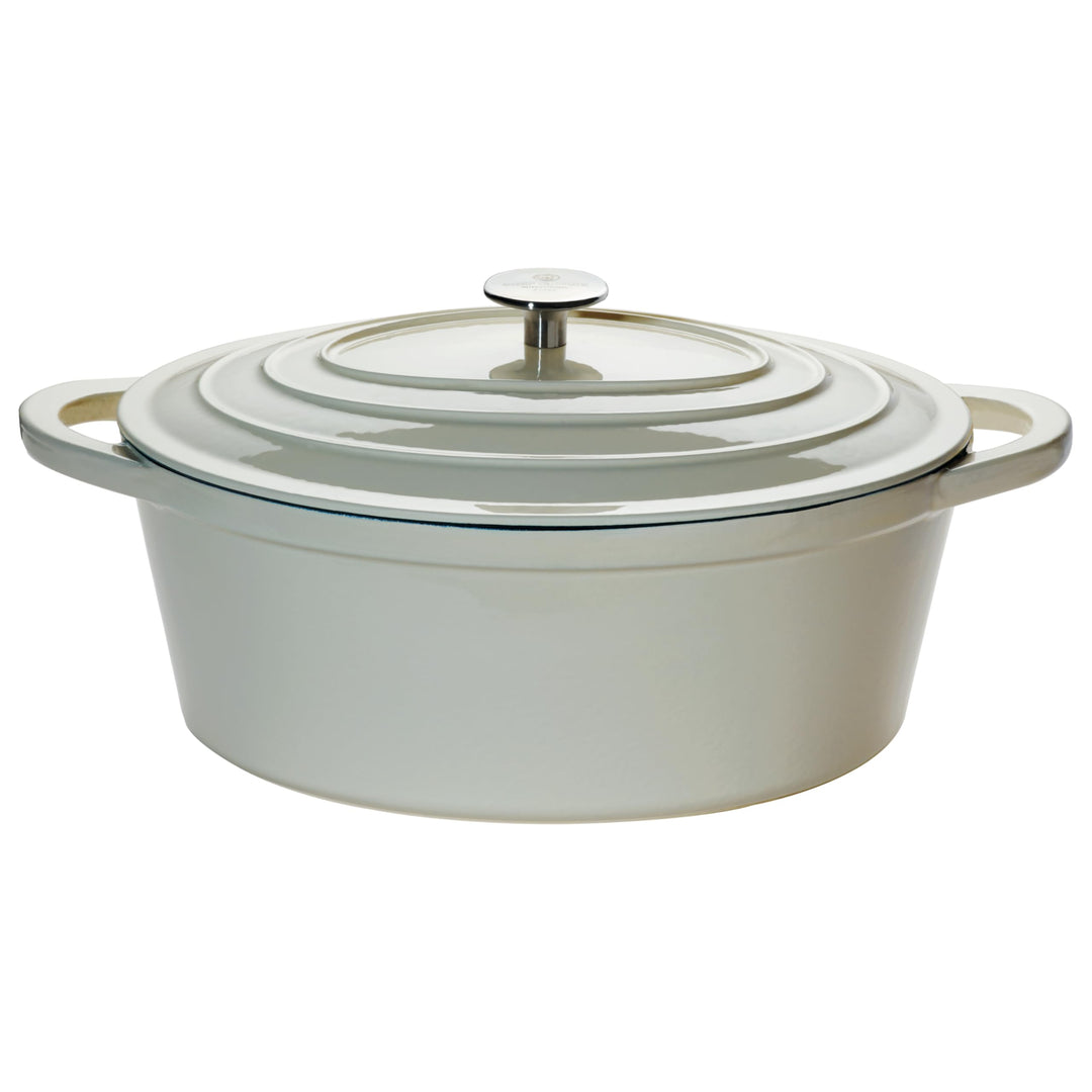 CHEF CUISINE Bräter Gusseisen mit Deckel, Oval gross, 6,7 L, Induktionsgeeignet, Antihafteffekt, gee