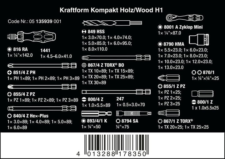 Wera Kraftform Kompakt H1 Holz, Werkzeug-Set, 41-teilig, 05135939001