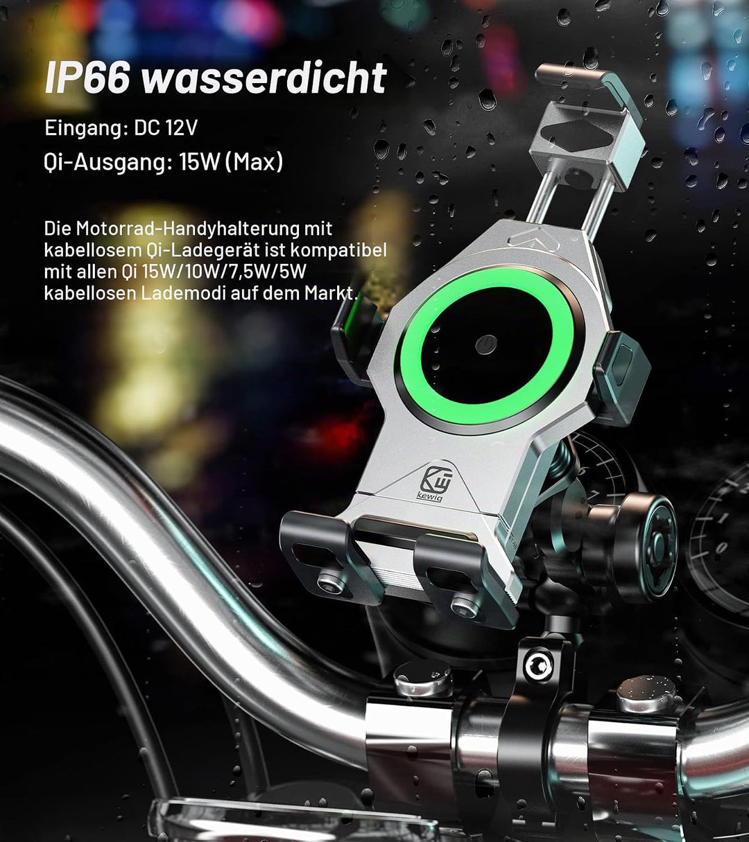 Kewig Anti-Diebstahl Wasserdicht Motorrad Handyhalterung 15W kabellos mit Vibrationsdämpfer, One-Pus