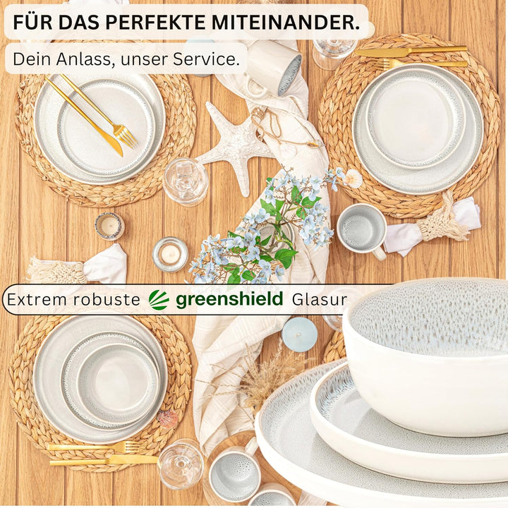 SÄNGER Kreta Steingut Geschirr Set 18 tlg, Teller Set 6 Personen | Geschirrset 6x Speiseteller 6x Mü