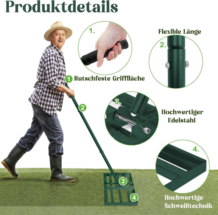 XMTECH Rasenharke Edelstahl 50x25cm Grün Verstellbarer Stiel Garten | Rutschfester Griff, verteilt M